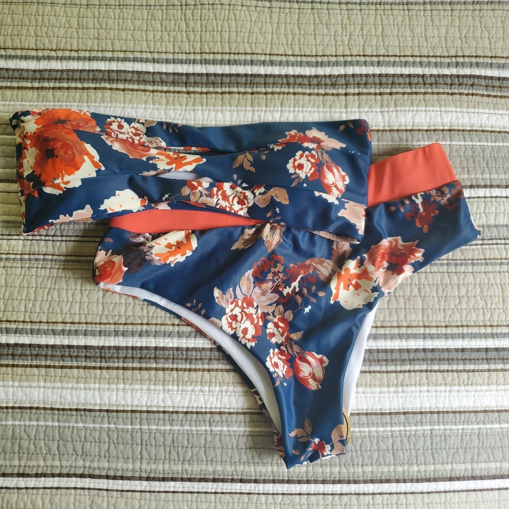 Navy Orange Floral Bandeau Keyhole Bikini New S